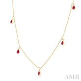 5x3 MM Pear Shape Ruby and 1/4 Ctw Round Cut Diamonds Precious Station Necklace in 14K Yellow Gold